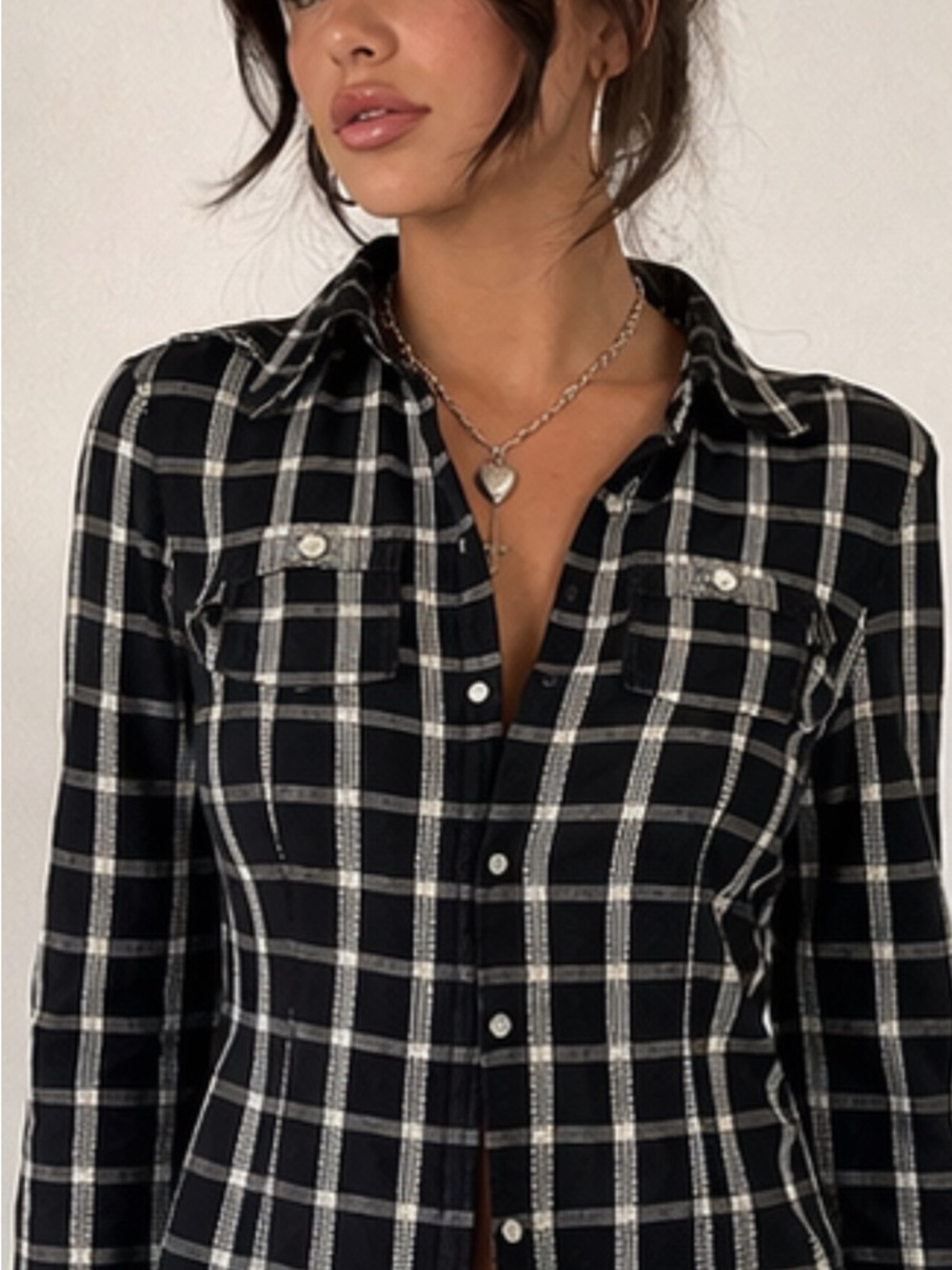 Y2K Preppy Western Plaid Button Down Fitted Shirt Black White Chic Top 4 Country